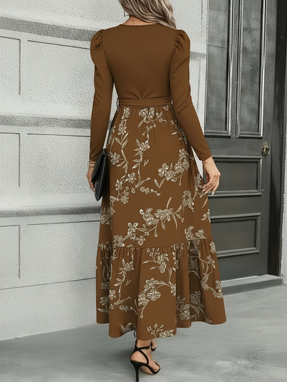 Robe longue portefeuille bleu marine à imprimé floral – Robe trapèze élégante de style rétro
