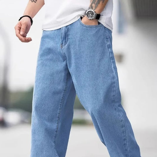 Men’s Loose Straight Denim Jeans – Casual Cotton Mid Waist Pants