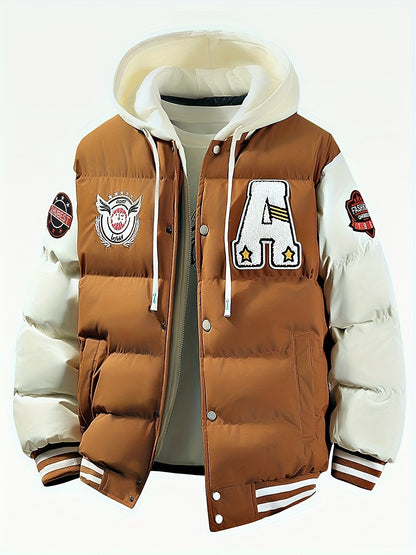 Loom & Soul Men’s Retro Hooded Baseball Jacket – Warm Color-Block Outerwear