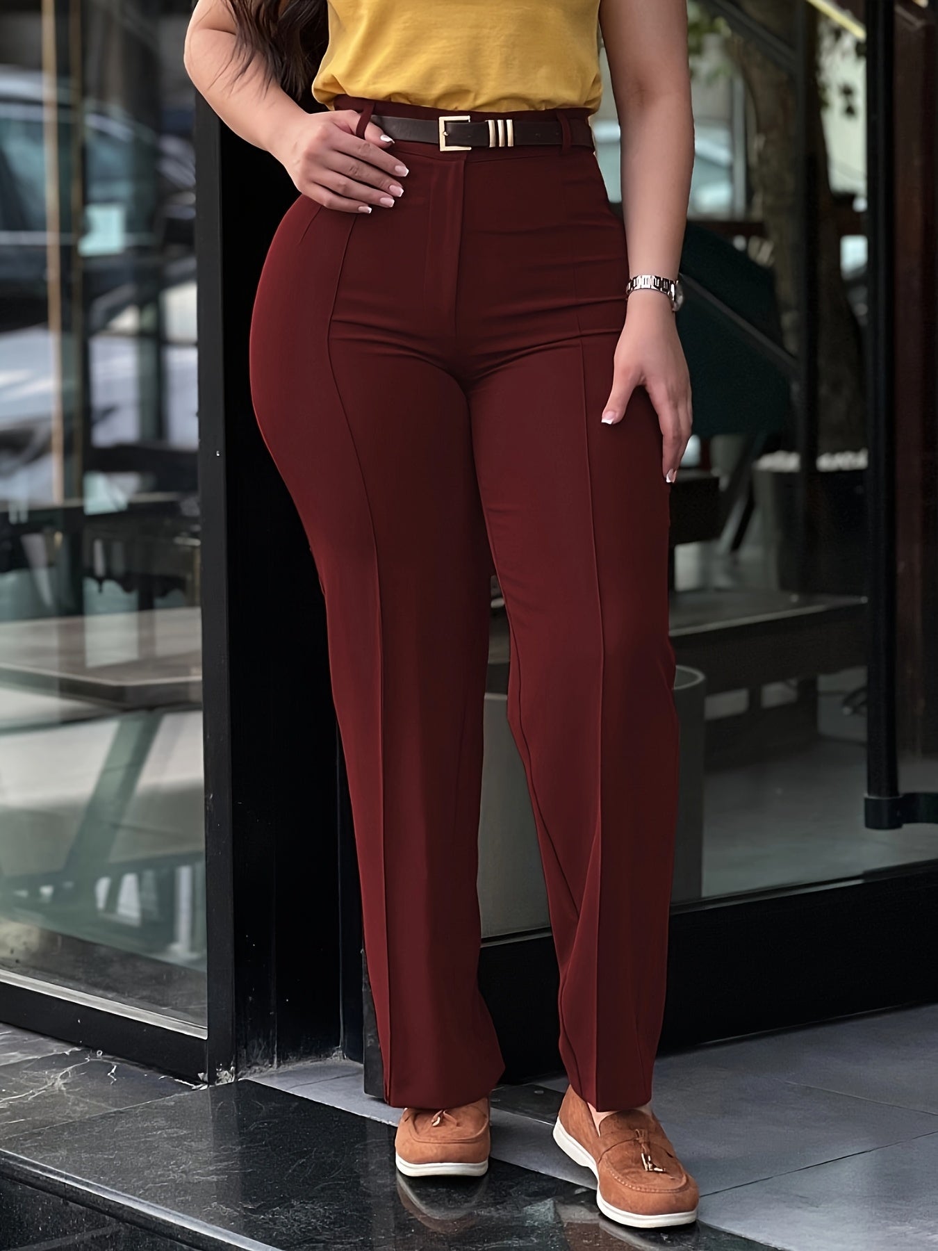 Pantalón de vestir de mujer de talle alto con pernera recta – Pantalón de trabajo negro elegante
