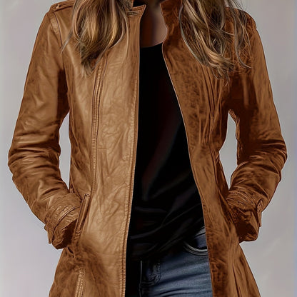 Women’s PU Motorcycle Jacket – Vintage Stand Collar Retro Zip Coat