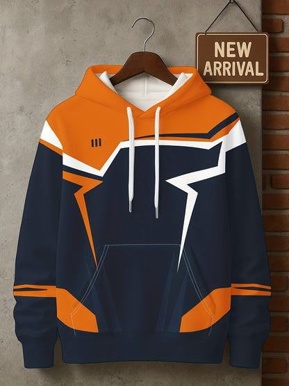 Men’s 3D D-Print Hoodie – Black & White Color-Block Street Pullover