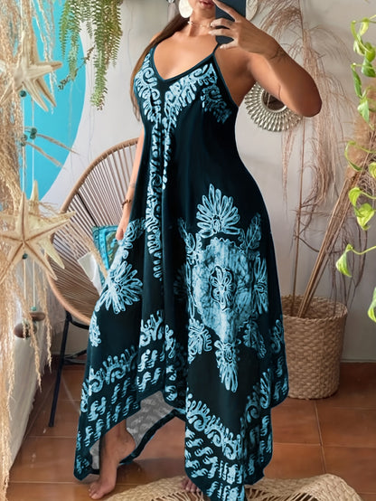 Bohemian Floral Maxi Dress – V-Neck Spaghetti Strap Summer Dress