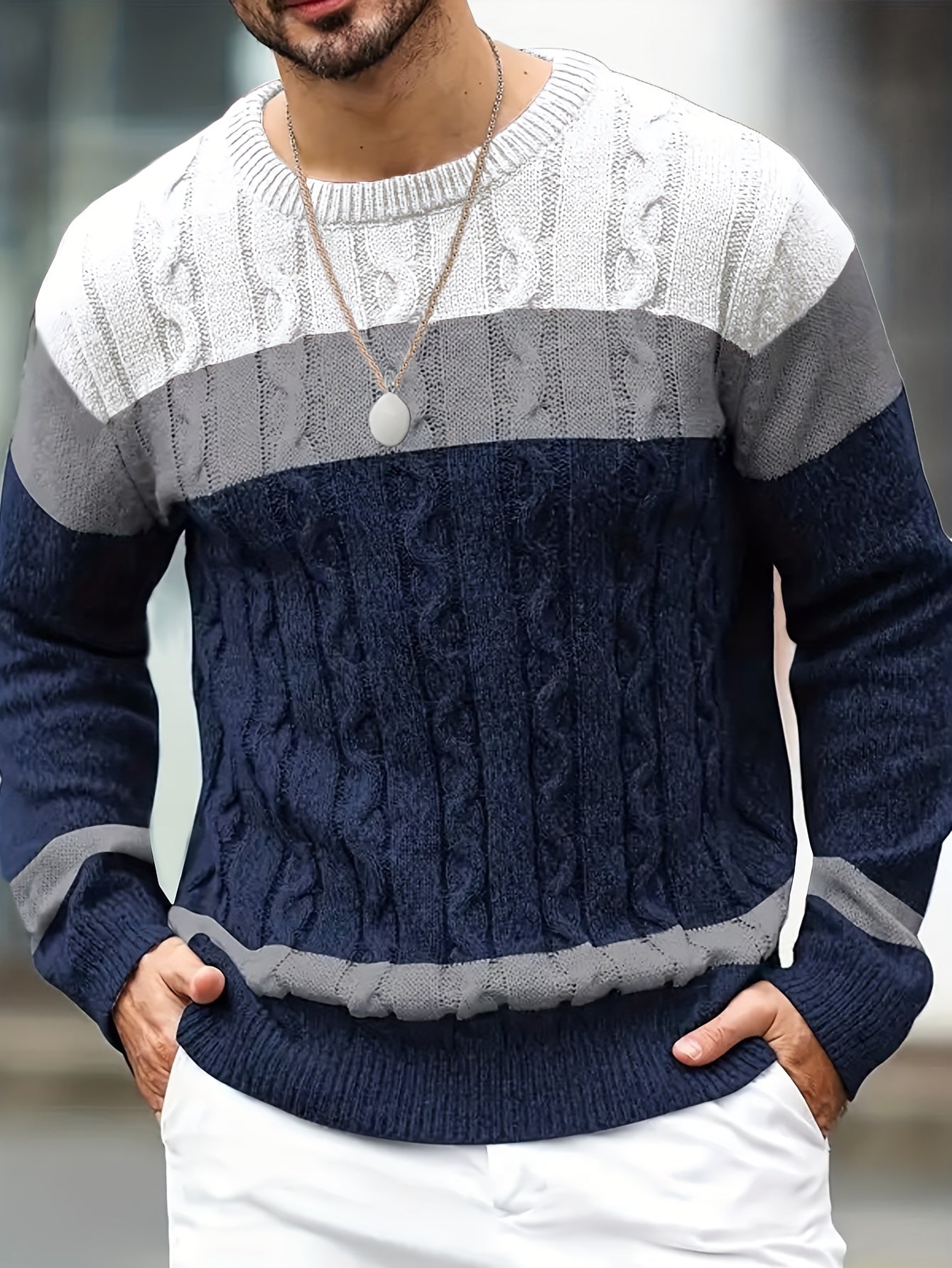 Men’s Color-Block Cable Knit Sweater – Soft Crew Neck Pullover