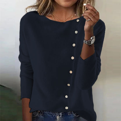 Suéter elegante con botones para mujer - Top de punto de manga larga con cuello redondo