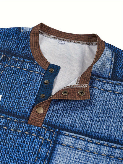 Men’s Geometric Henry Shirt – Long Sleeve Casual Crew Neck Top