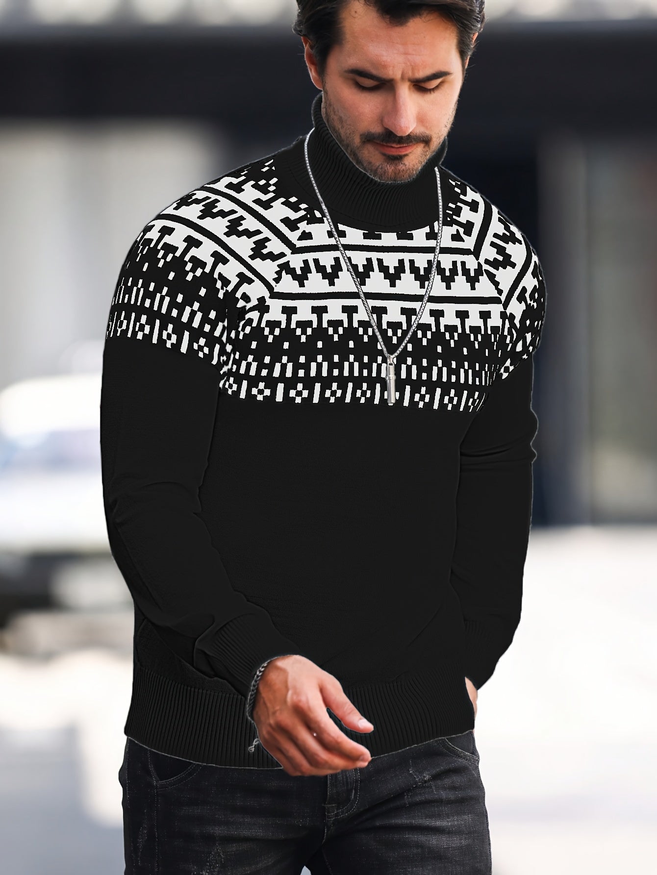 Suéter de cuello alto geométrico para hombre - Suéter informal de punto para otoño e invierno