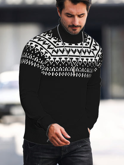 Suéter de cuello alto geométrico para hombre - Suéter informal de punto para otoño e invierno