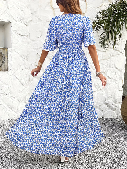 Floral Tassel V-Neck Dress – Elegant Printed A-Line Midi Dress