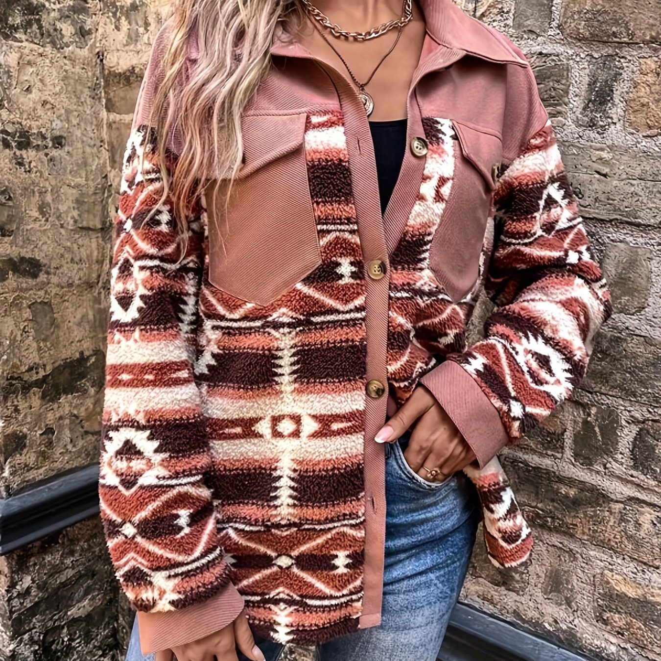 Women’s Geometric Fleece Jacket – Warm Color Block Winter Coat