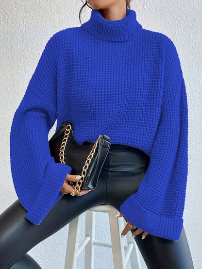 Women’s High-Neck Drop Shoulder Waffle Sweater – Vibrant Blue Knit