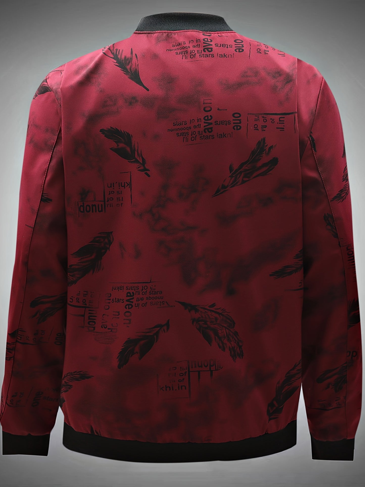 Men’s Feather Print Track Jacket – Zip-Up Baseball Collar Street Coat