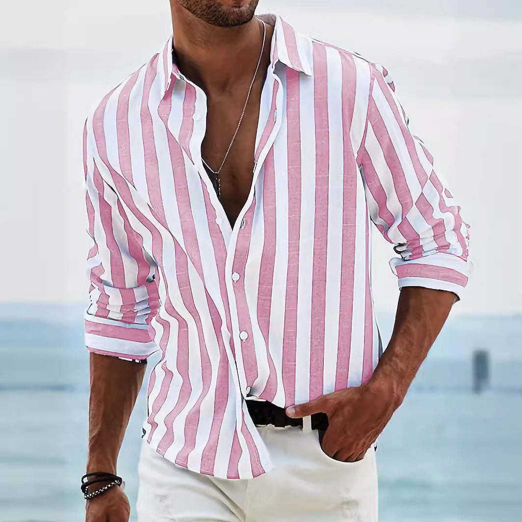 Camisa Casual Rayada para Hombre – Manga Larga Estilo Británico de Ajuste Holgado