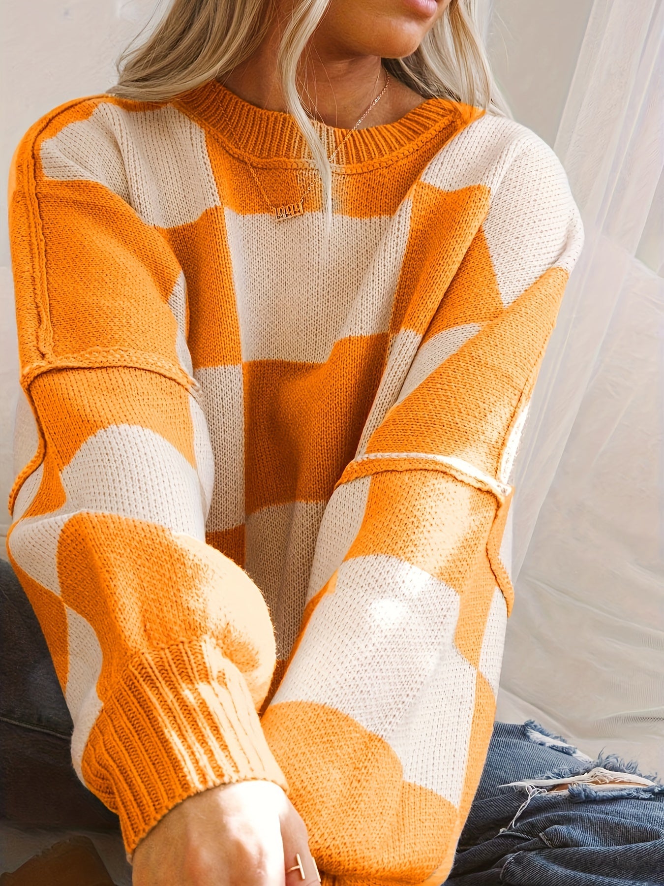 Checkered Knit Sweater – Cozy Fall/Winter Crewneck Plaid Pullover