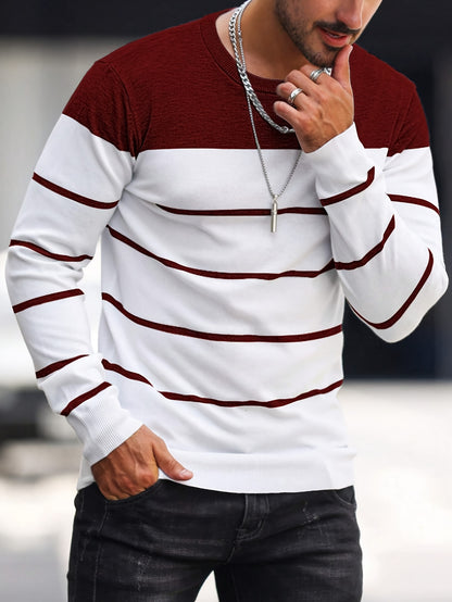 Pull tricoté rayé bleu marine pour homme – Col rond décontracté
