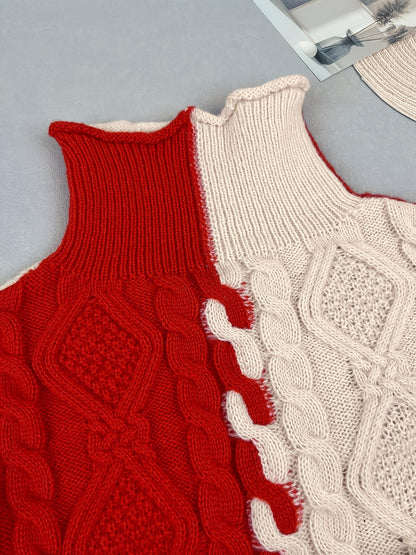 Elegant High-Neck Striped Blouse – Color-Block Knit Long Sleeve Top