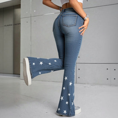 Jeans acampanados de tiro alto para mujer con diseño de estrella – Campana que realza las curvas