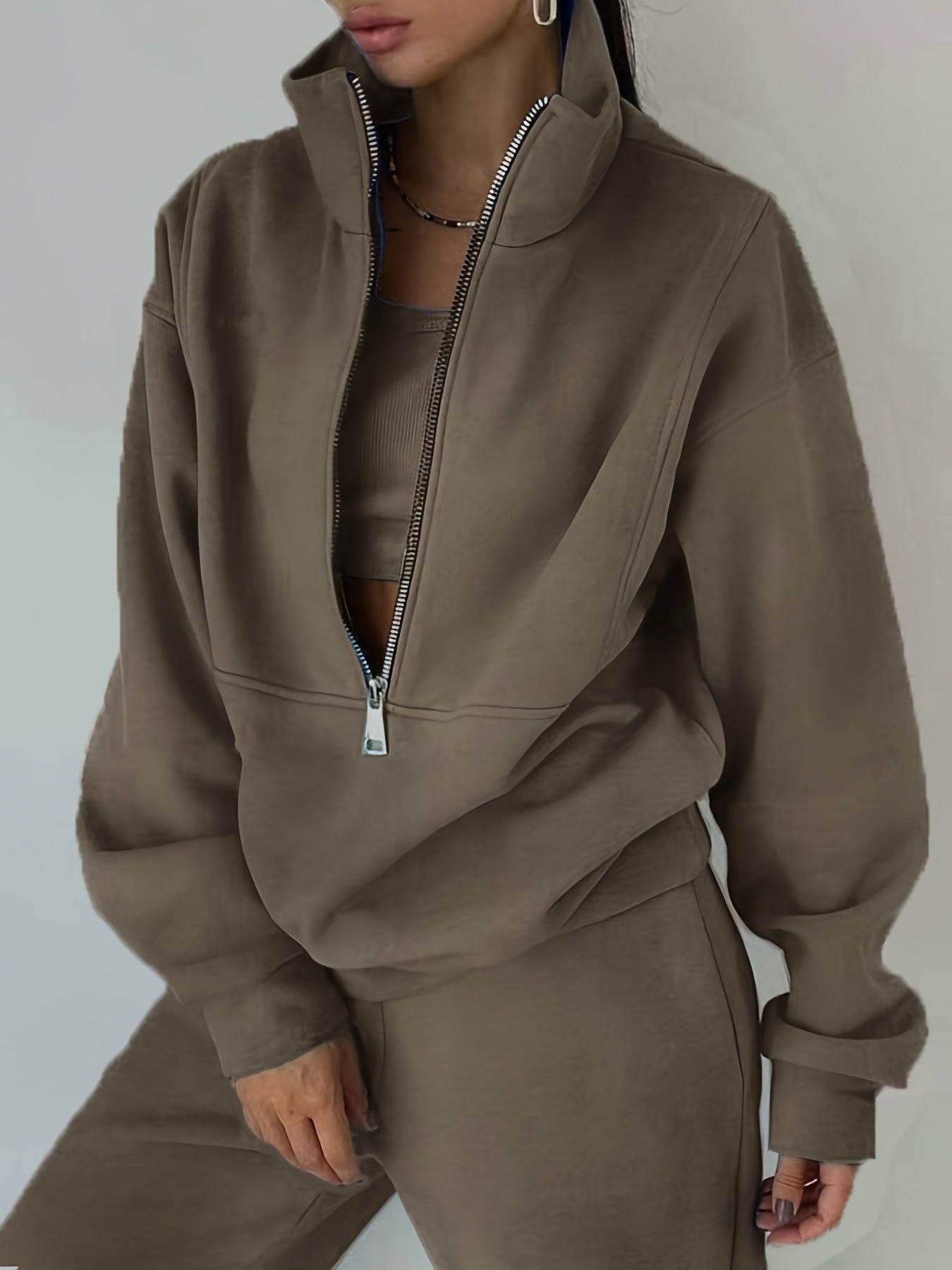 Plus Size Women’s Fleece Set – Zip-Up Hoodie & Pants Streetwear Outfit