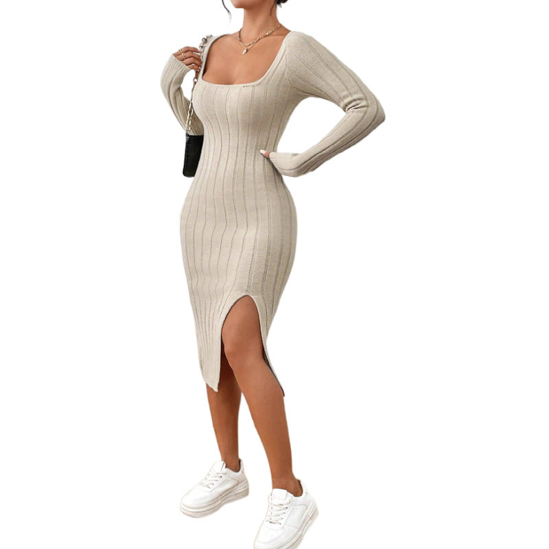 Robe midi en maille à encolure carrée – Robe élégante géométrique à manches longues