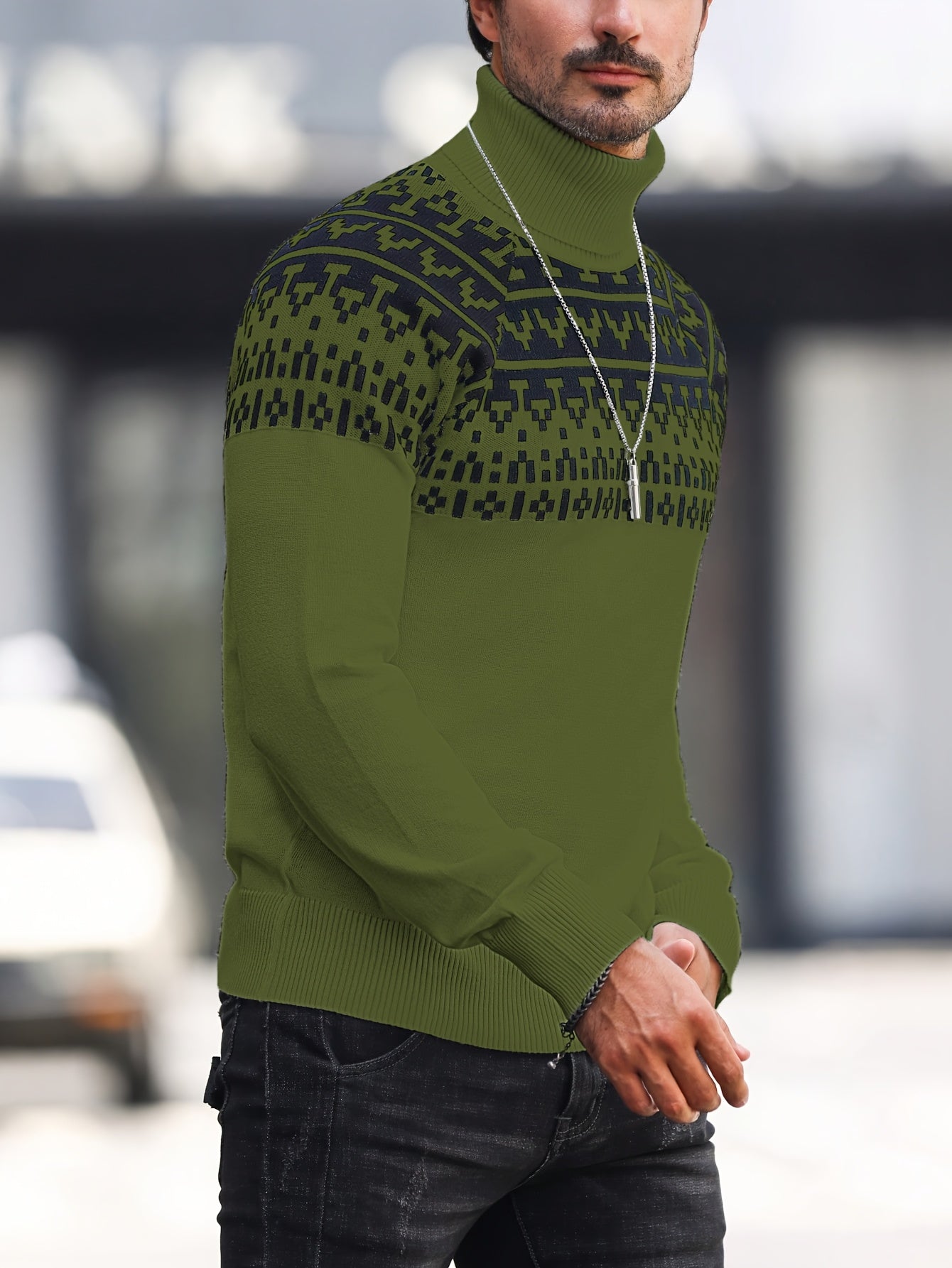 Suéter de cuello alto geométrico para hombre - Suéter informal de punto para otoño e invierno