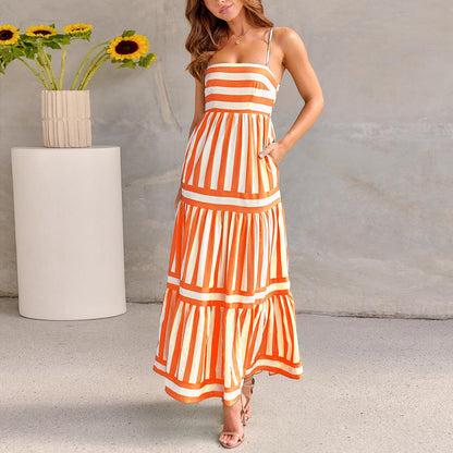 Loom & Soul™ Striped Maxi Sundress – Women’s Backless Square Neck Beach Vacation Dress with Pockets