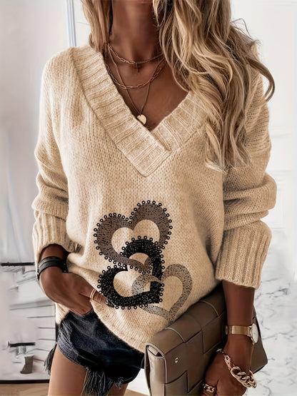 Cozy Heart Print V-Neck Sweater – Soft Knit Pullover for Fall/Winter