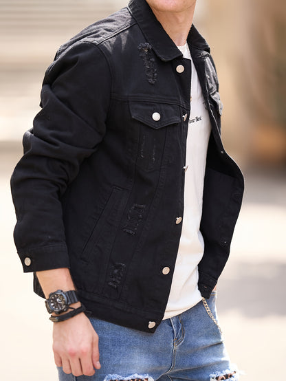 Chaqueta de mezclilla negra de corte ajustado para hombre – Estilo Moto con bolsillos