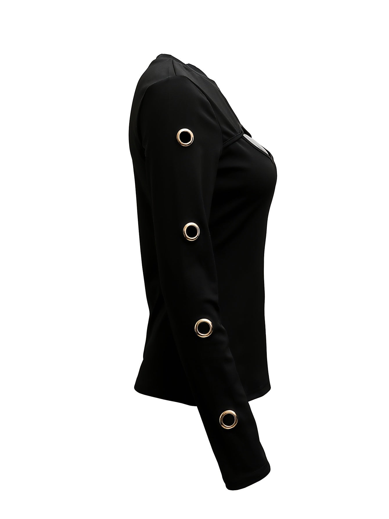 Elegant Black Long Sleeve Top – Gold Button Detail Round-Neck Tee