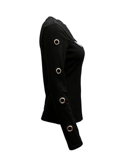 Elegant Black Long Sleeve Top – Gold Button Detail Round-Neck Tee