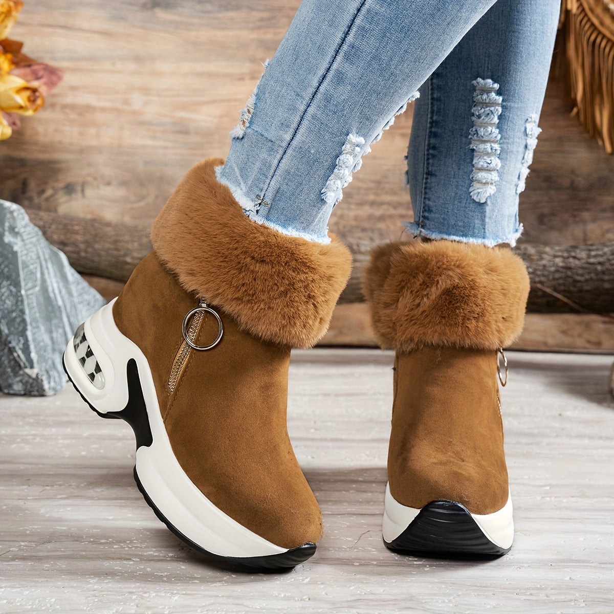 Botines de plataforma para mujer – Zapatos de invierno con cremallera y forro de felpa