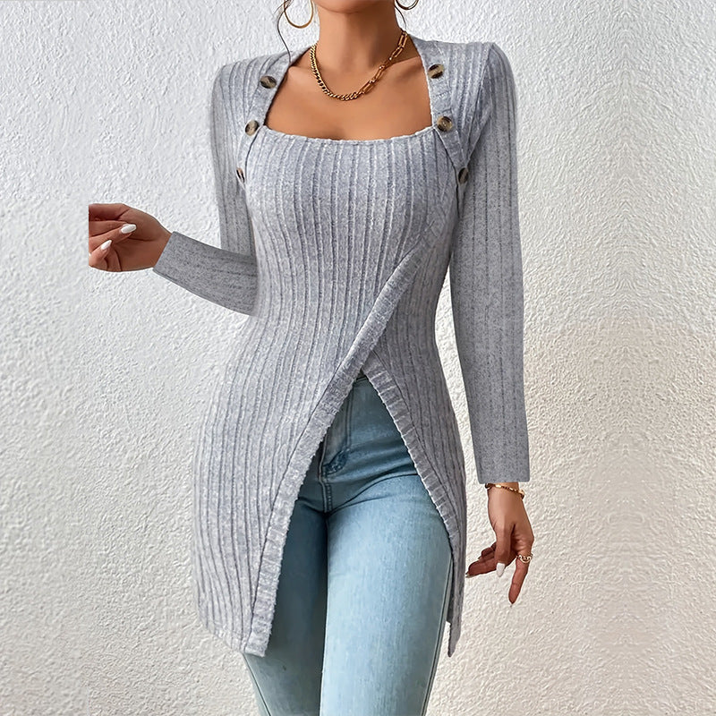 Women’s Off-Shoulder Square-Neck Slit Sweater – Elegant Knit Top