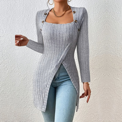 Women’s Off-Shoulder Square-Neck Slit Sweater – Elegant Knit Top
