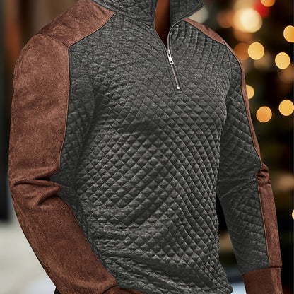 Henley zippé en maille diamant pour homme – Pull texturé color block