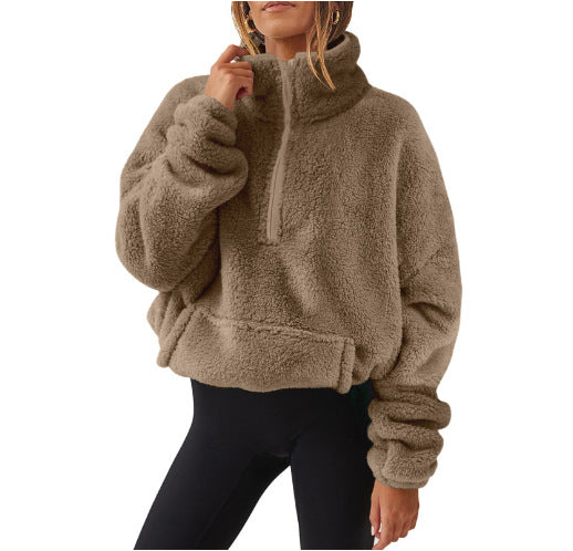 Women’s Velvet Fleece Half-Zip Sweater – Stand Collar Winter Pullover
