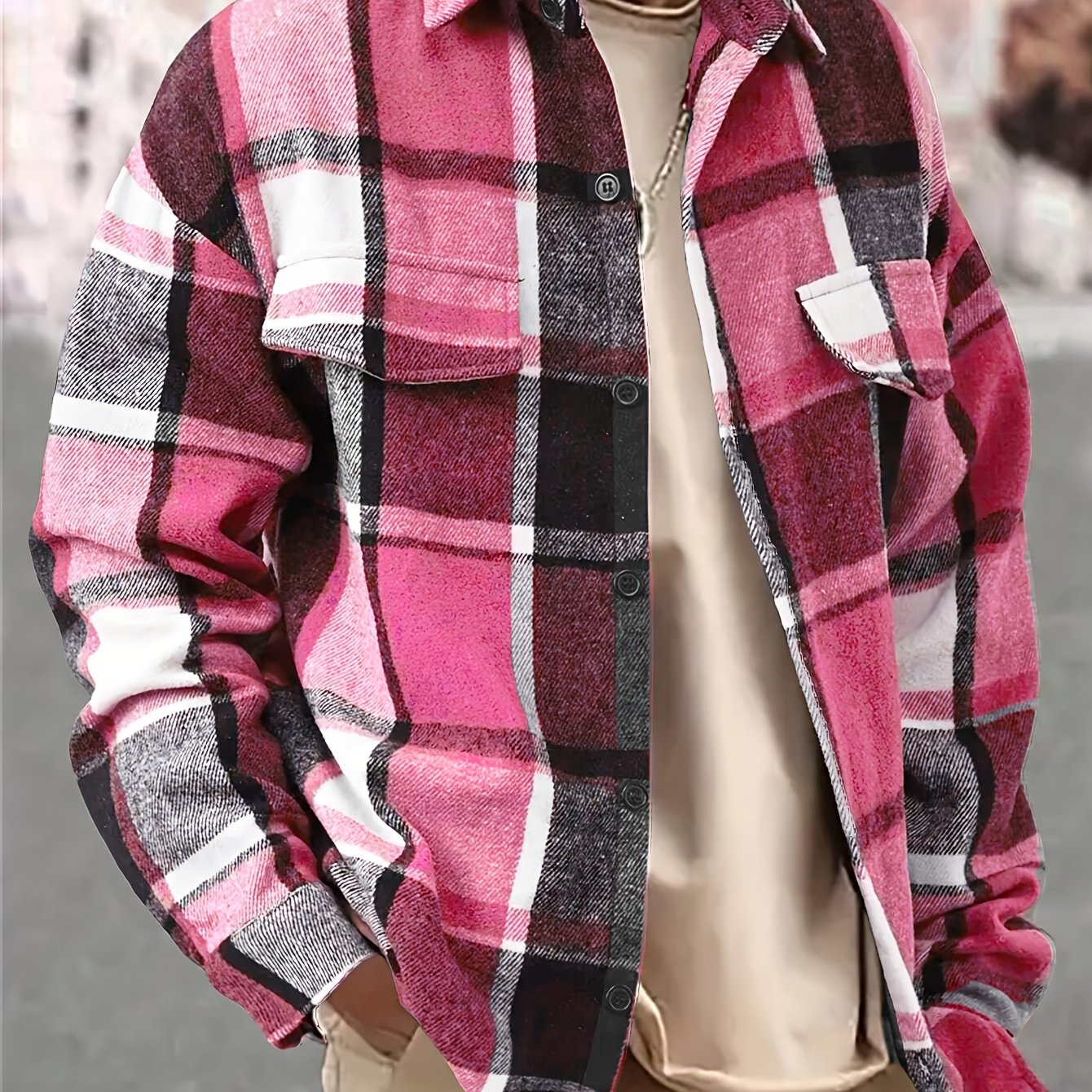 Men’s Vintage Plaid Shirt – Black & White Check Loose Button-Up Top