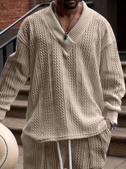 Pull décontracté pour homme en maille col V jacquard côtelé
