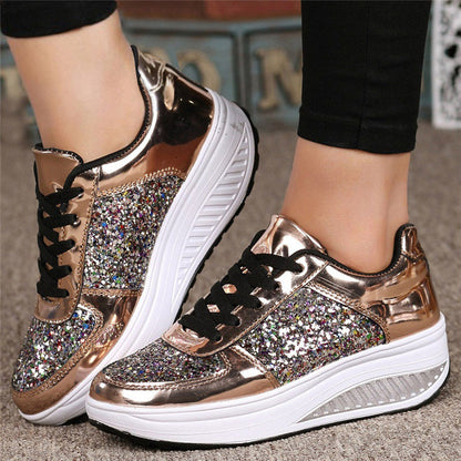 Loom & Soul™ Sequin Women’s High-Top Sneakers – Canvas & Leather Vulcanized Shoes with Rear Strap