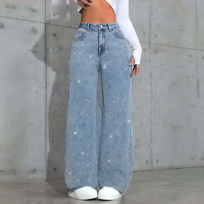 Women’s Rhinestone Wide-Leg Jeans – Loose Fit Statement Denim