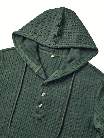 Camisa Henley con capucha para hombre – Sudadera texturizada informal de manga larga con cordón