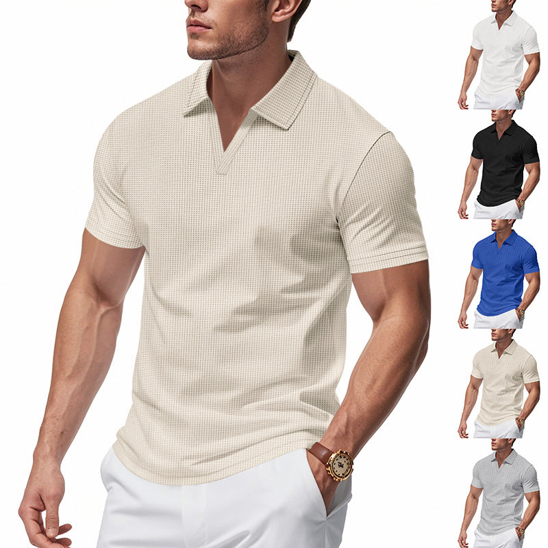 Polo de punto waffle para hombre – Casual de verano con cuello de pico y manga corta