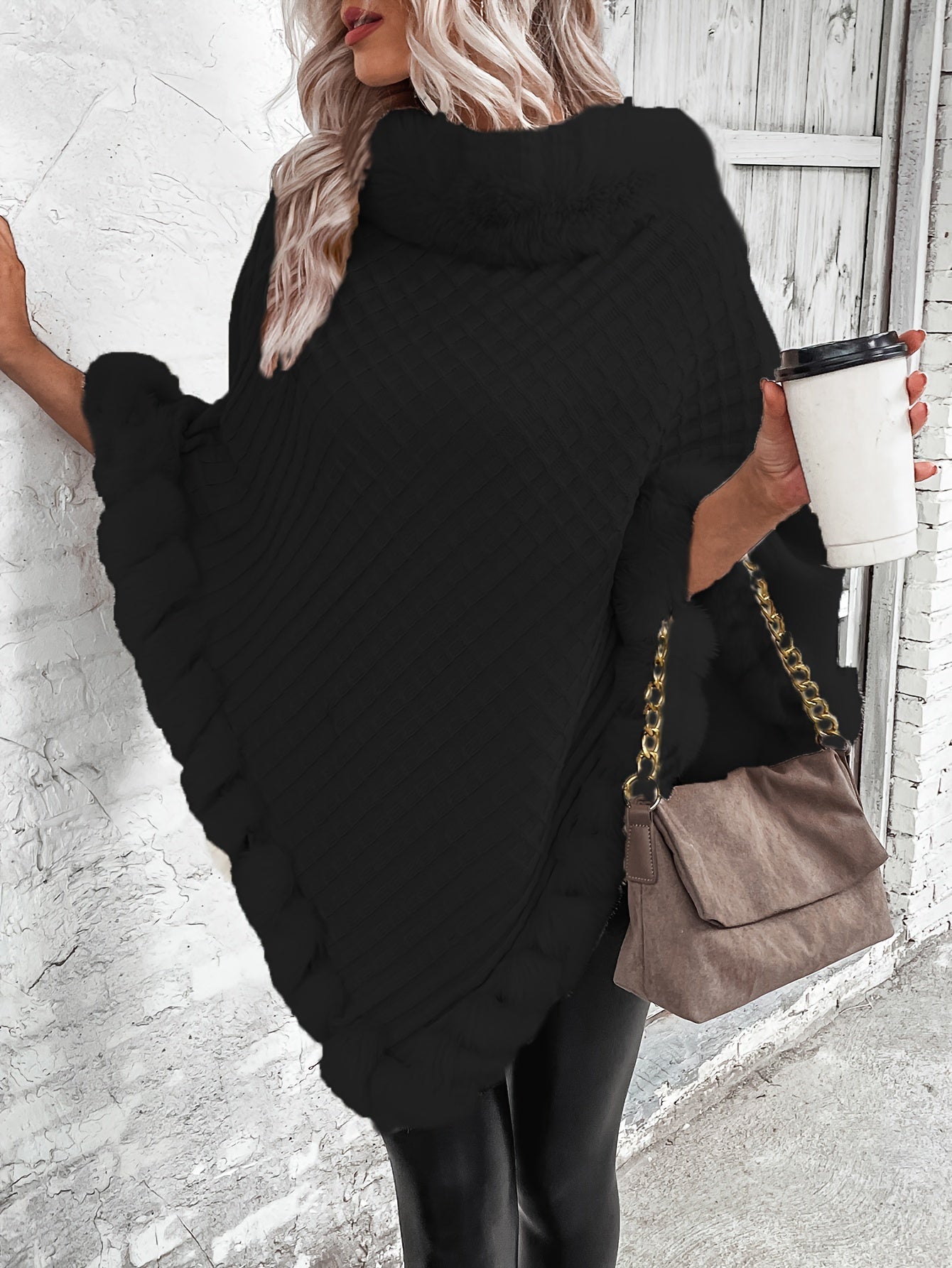 Women’s Faux Fur Cape Coat – Elegant Plush Collar Winter Outerwear