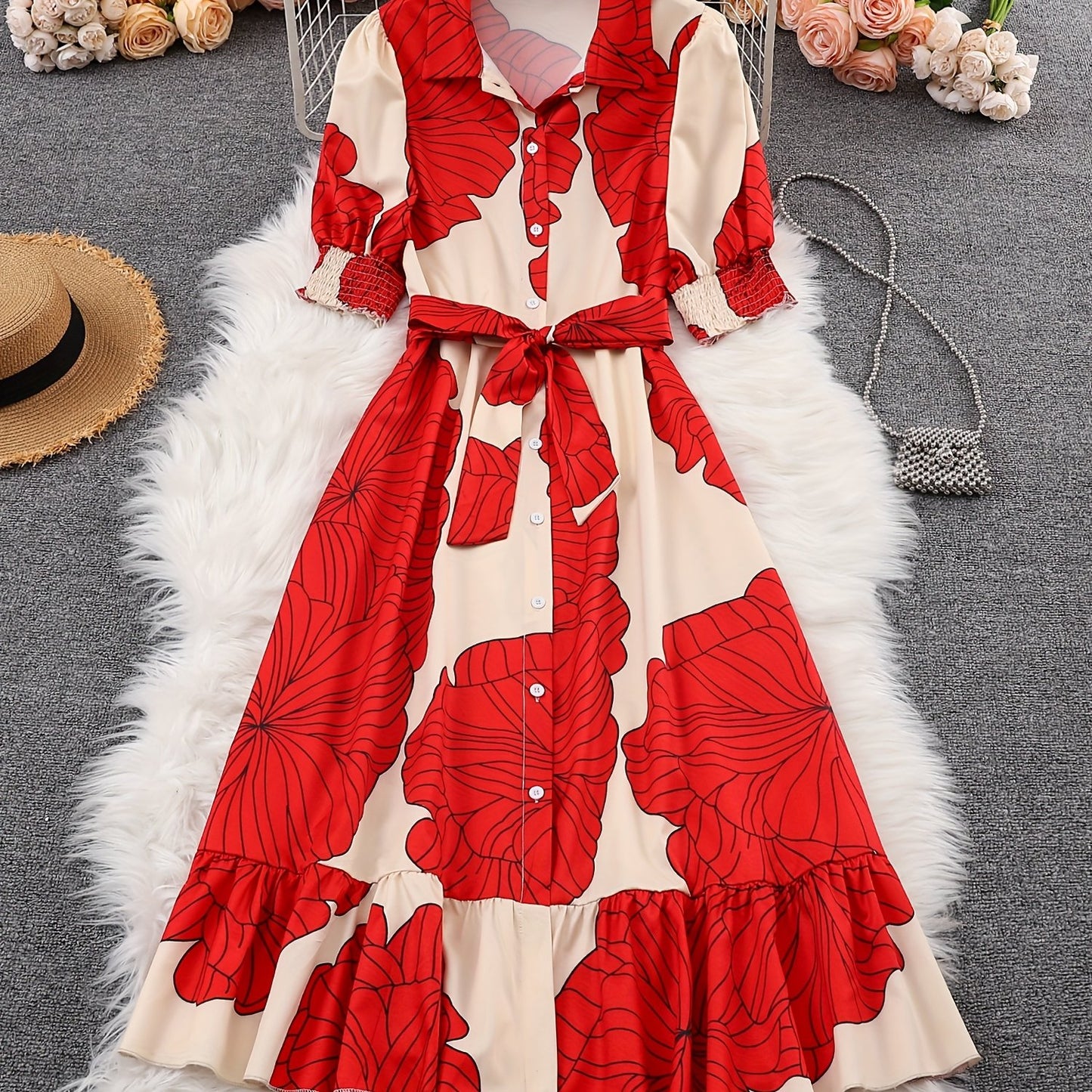 Floral Tie-Waist Maxi Shirt Dress – Elegant Long Sleeve A-Line Dress