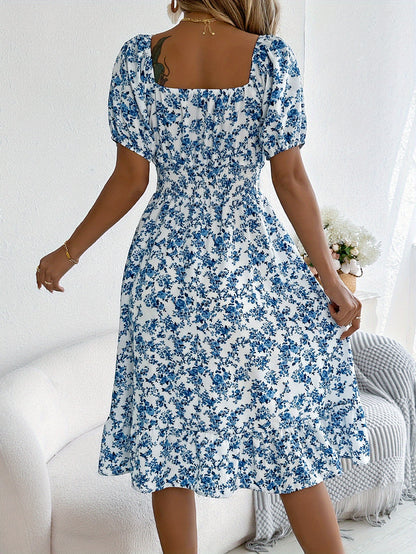 Vestido con escote cuadrado, manga abullonada y corte en A – Elegante vestido floral de primavera y verano