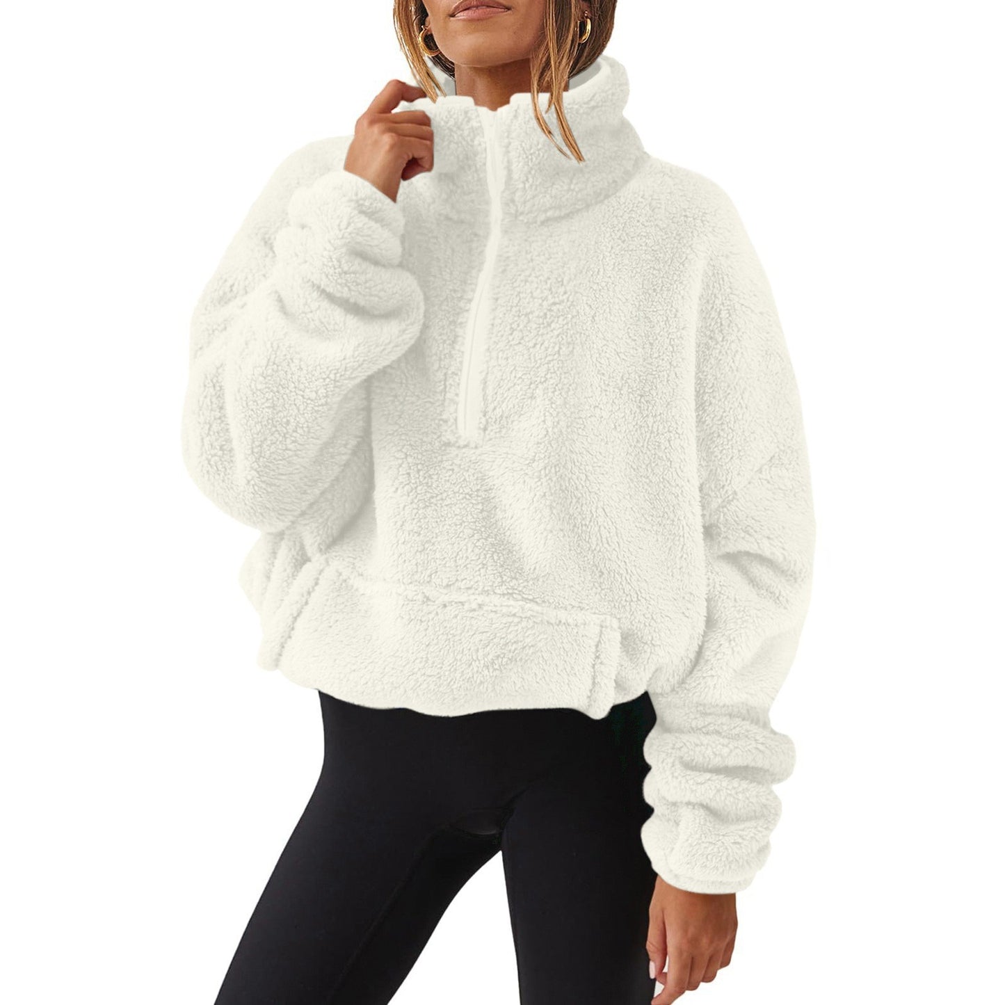 Women’s Velvet Fleece Half-Zip Sweater – Stand Collar Winter Pullover