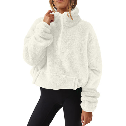Women’s Velvet Fleece Half-Zip Sweater – Stand Collar Winter Pullover