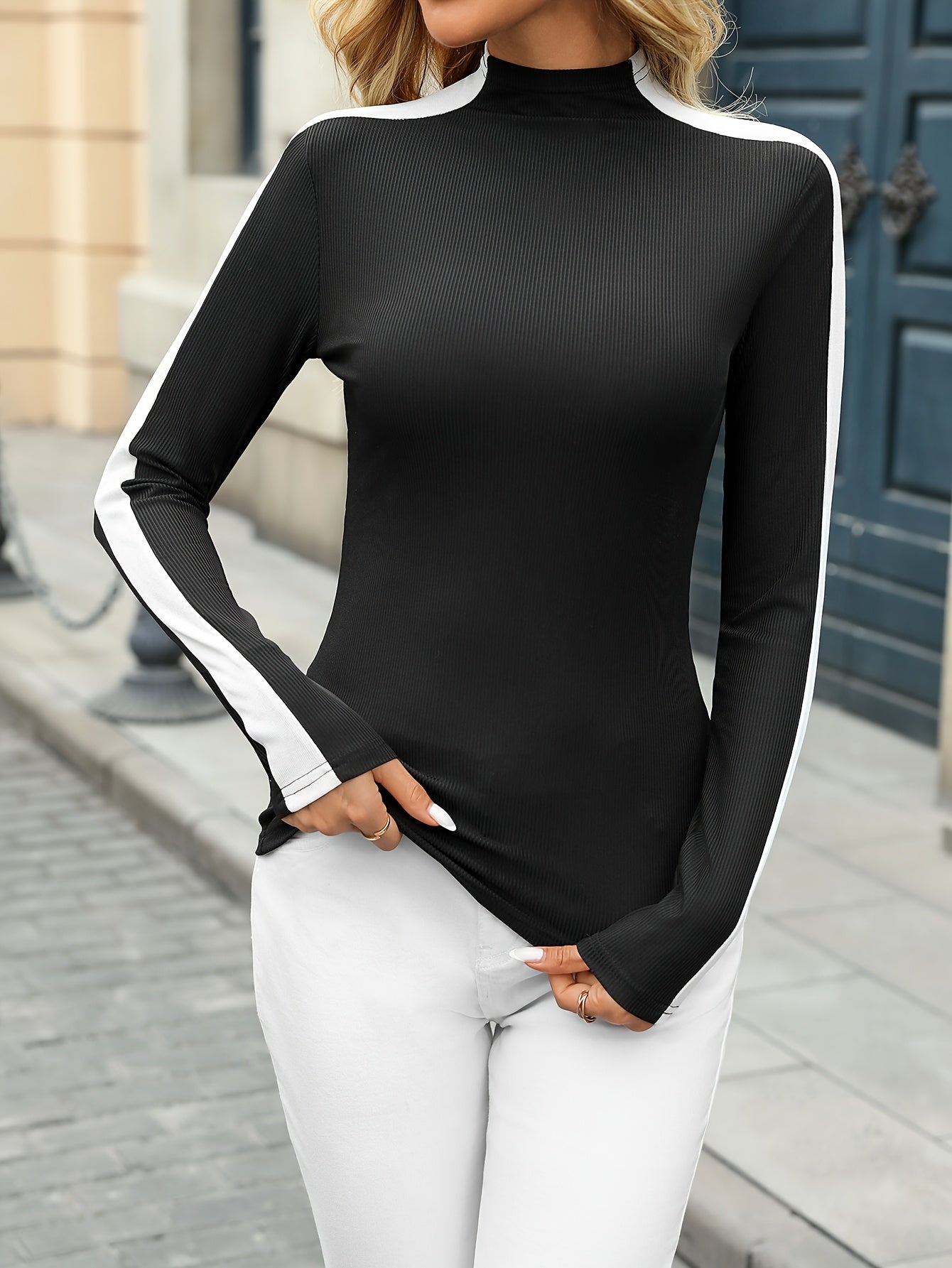 Women’s Slim Fit Patchwork High Neck Top – Elegant All-Season Knit