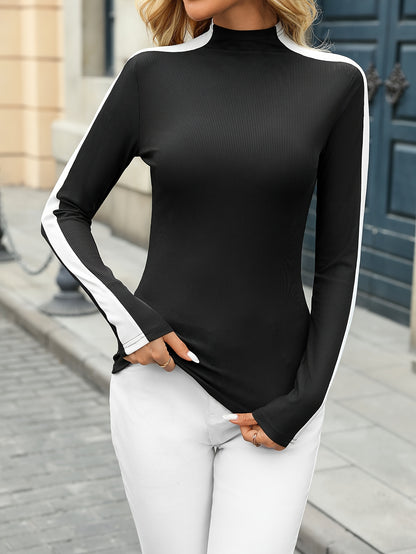 Women’s Slim Fit Patchwork High Neck Top – Elegant All-Season Knit