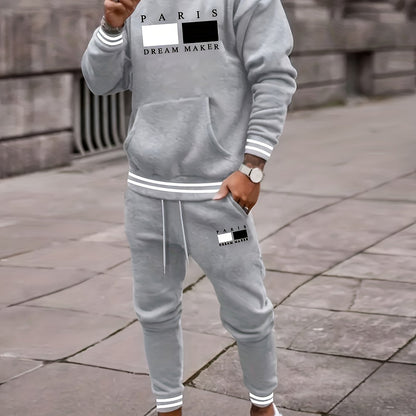 Men’s Paris Letter Print Set – Hoodie & Pants Fall/Winter Outfit