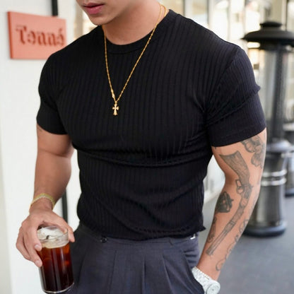 Camiseta elástica de cuello redondo para hombre – Manga corta casual atlética