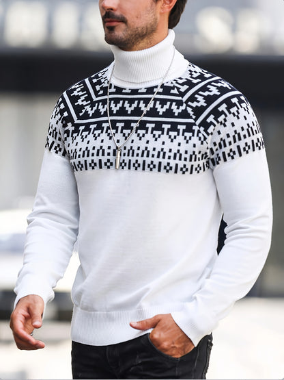 Suéter de cuello alto geométrico para hombre - Suéter informal de punto para otoño e invierno